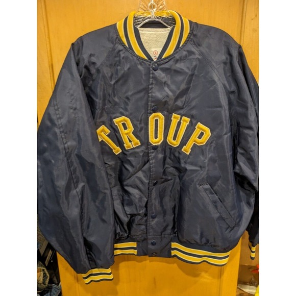 Vintage "TROUP" Satin Bomber Jacket Size Mens Large Navy USA Made - Picture 1 of 3